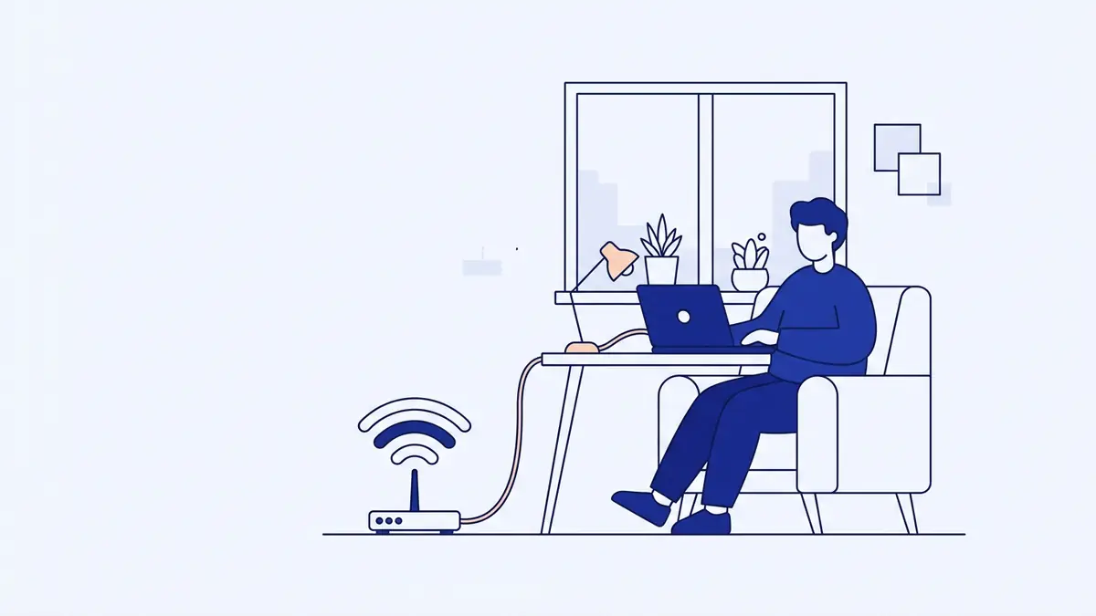 Flat illustration of a house with a small antenna receiving wireless signal waves