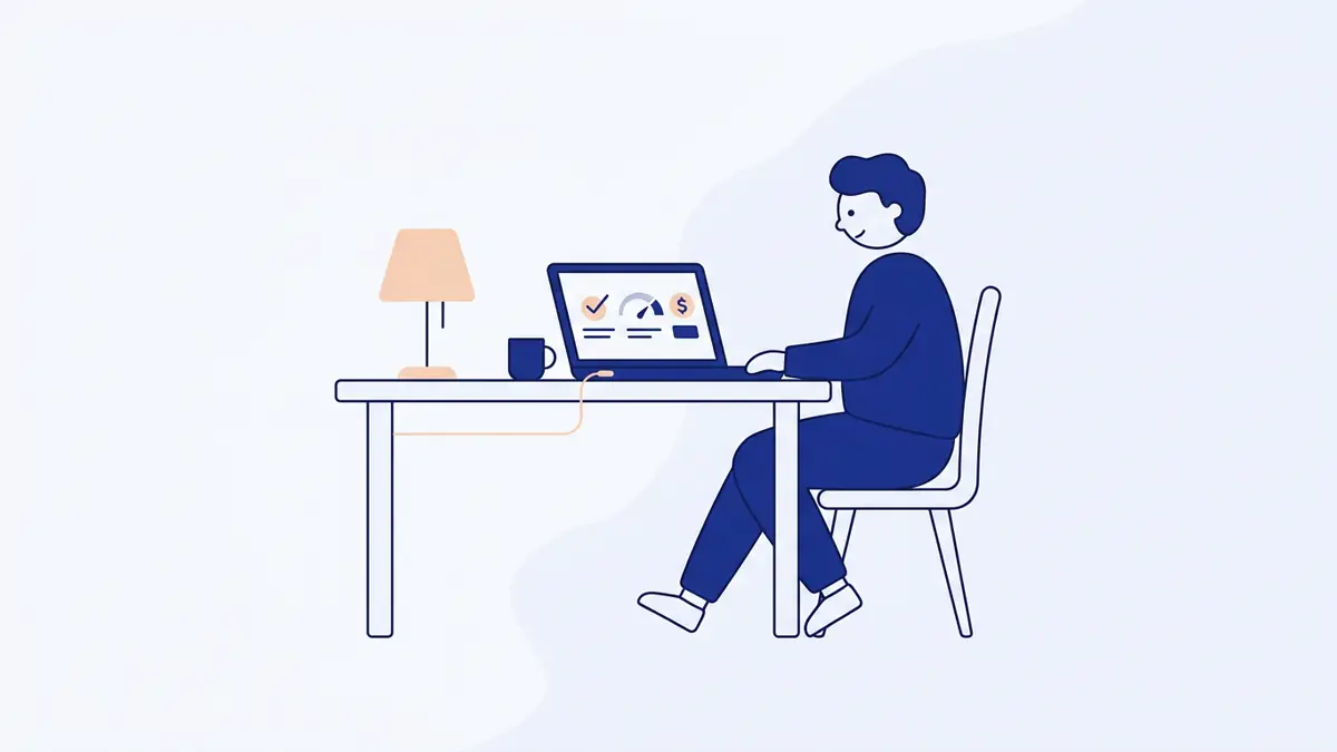 Flat illustration of a cosy living room with a router and laptop on a table