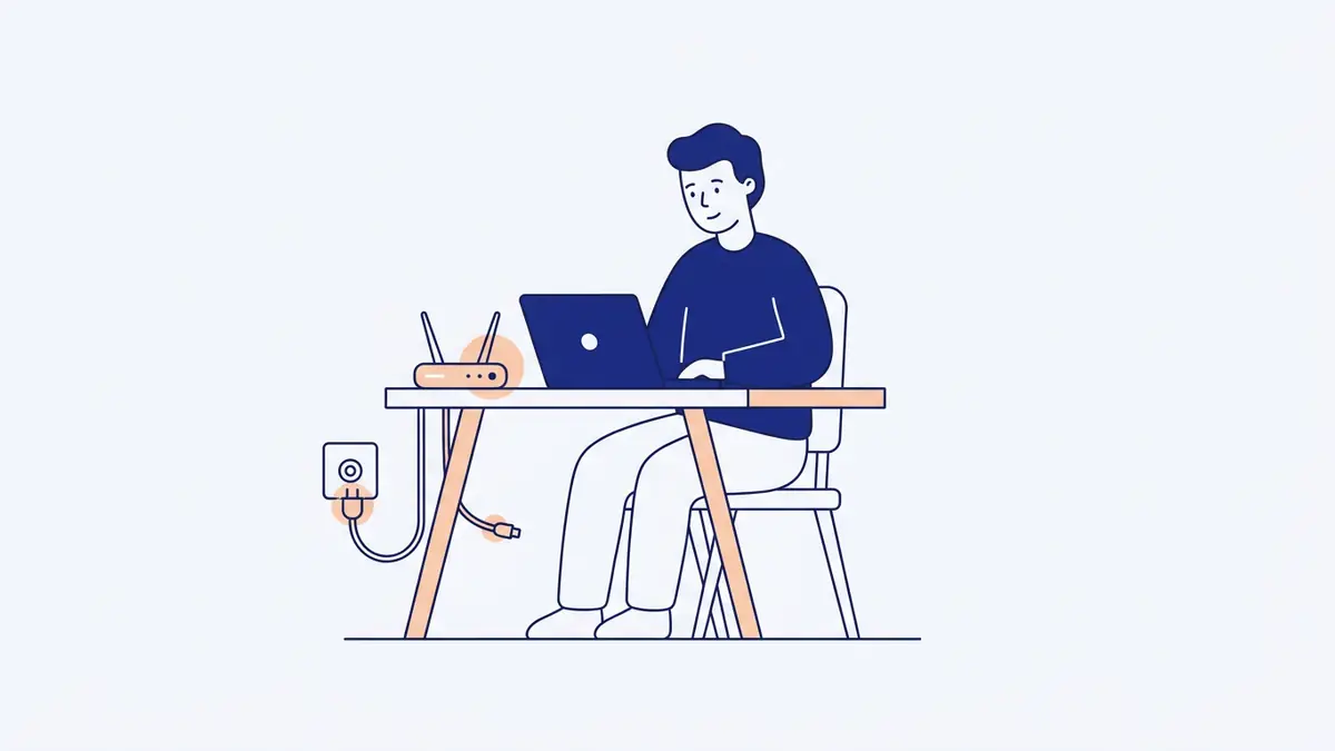 Flat illustration of a house connected to a coaxial cable line with a router