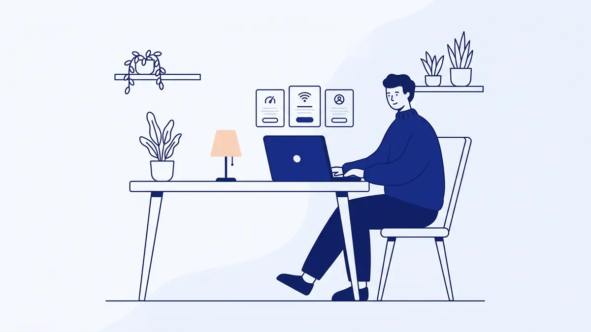 Flat illustration of a person at a table comparing modest home internet prices on a laptop
