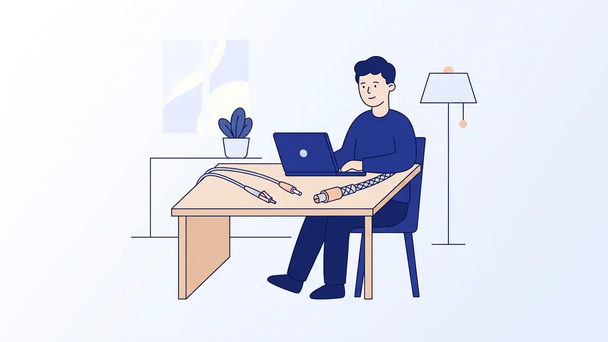 Flat illustration of a house connected to a glowing fibre cable with a speed gauge