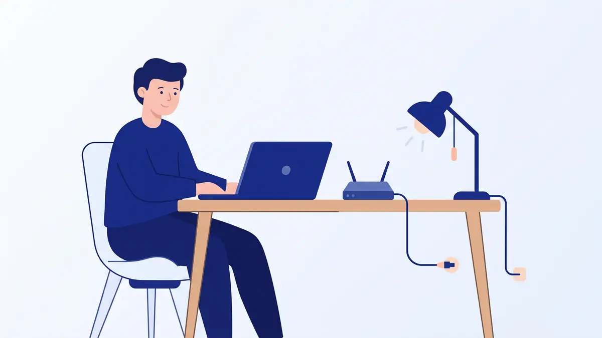 Flat illustration of a person comparing fibre internet plans on a laptop