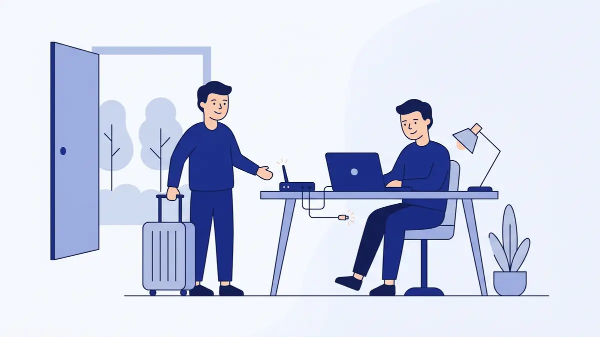 Flat illustration of a person unpacking boxes beside a router in a new flat