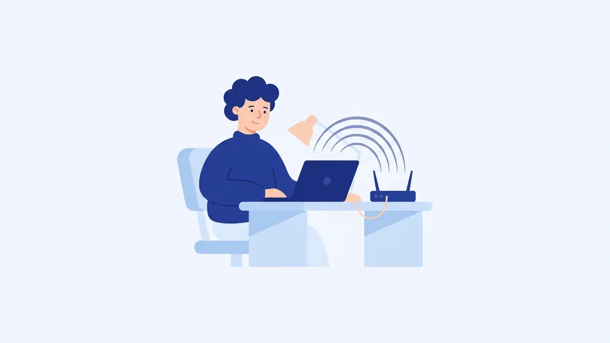 Flat illustration of a router sending signal waves to a laptop, phone and television in a small home