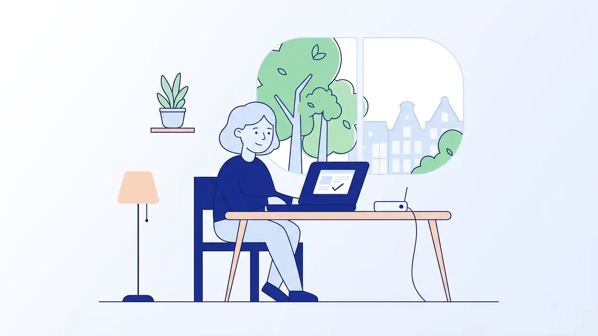 Flat illustration of a person at a desk reviewing a home internet offer on a laptop screen