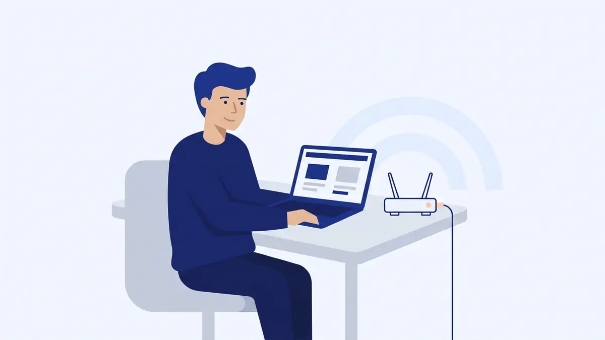 Flat illustration of a home router sending signal waves to a laptop, phone and television