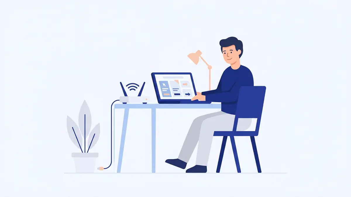 Flat illustration of a home router linked by cables to a laptop and a phone