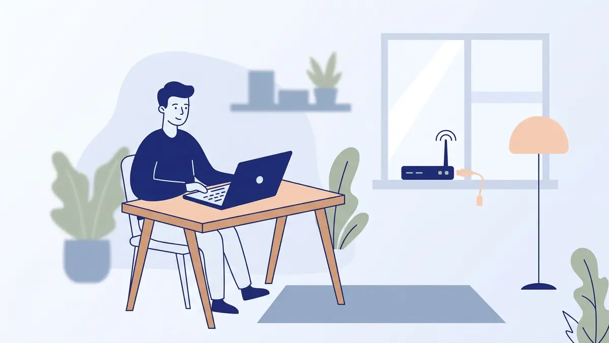 Flat illustration of a house connected by a glowing cable to a router