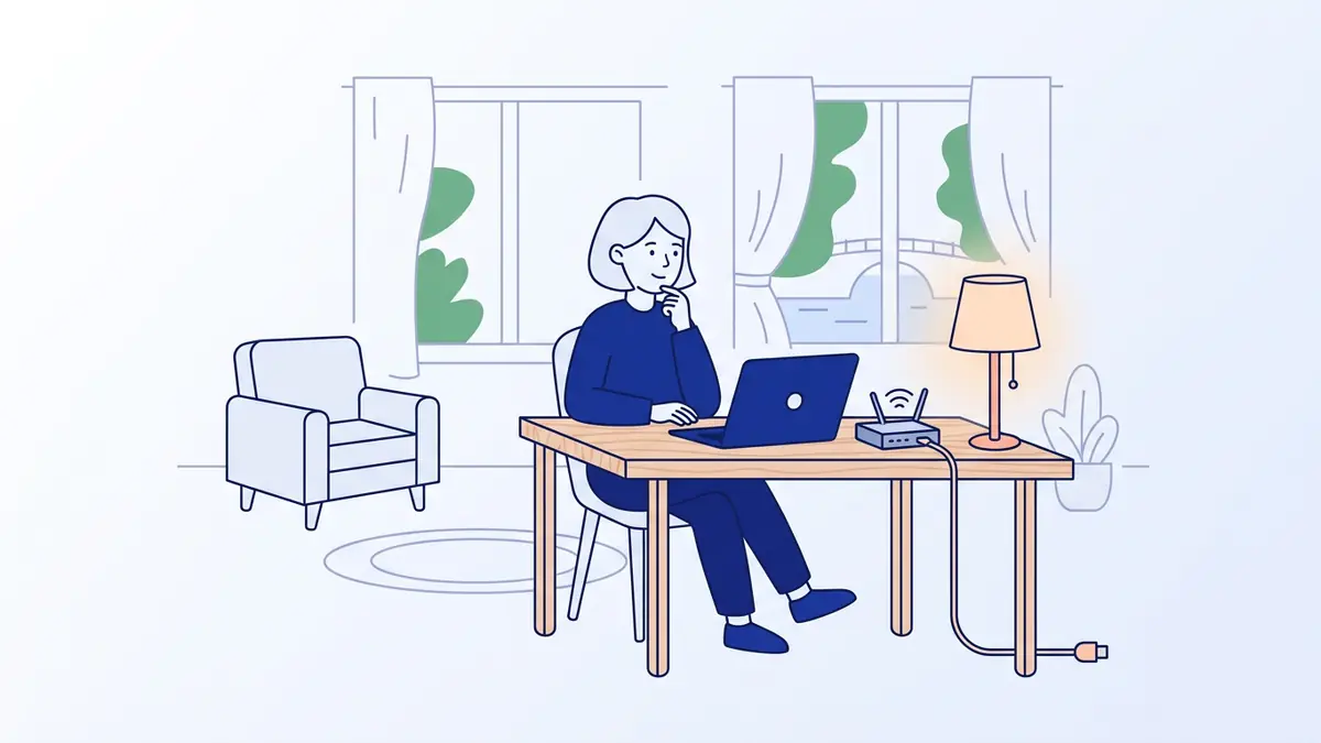 Flat illustration of a suitcase beside a wifi router in a small apartment