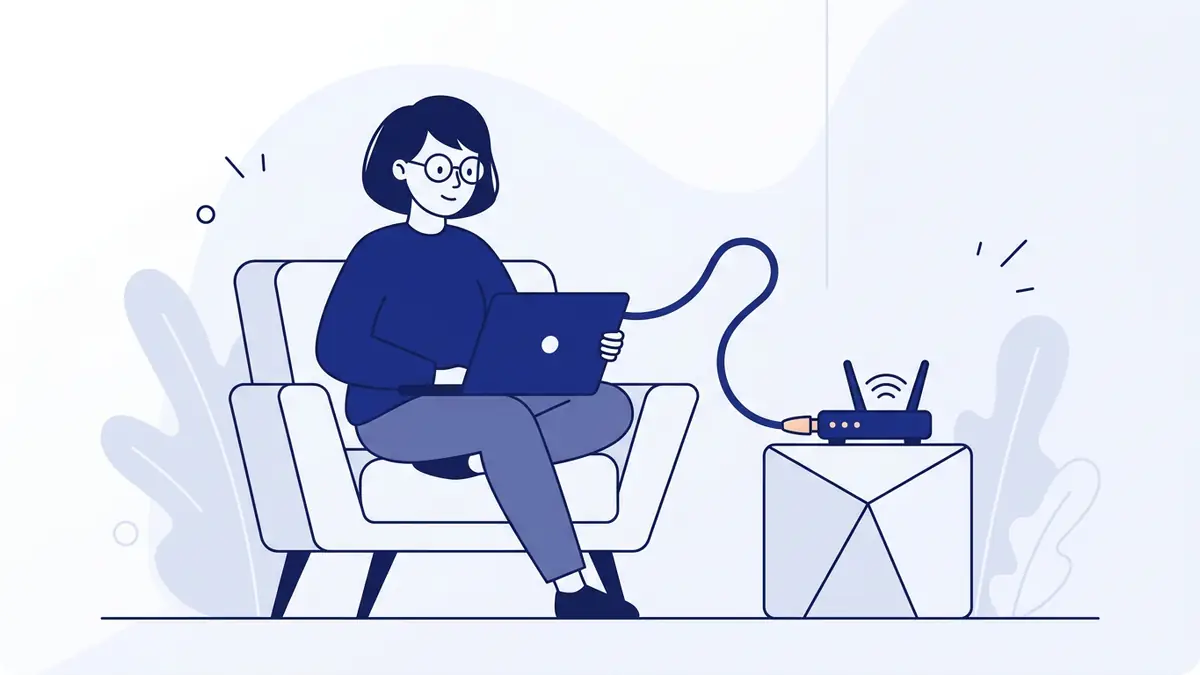 Flat illustration of a house connected by a cable line to a router with signal waves